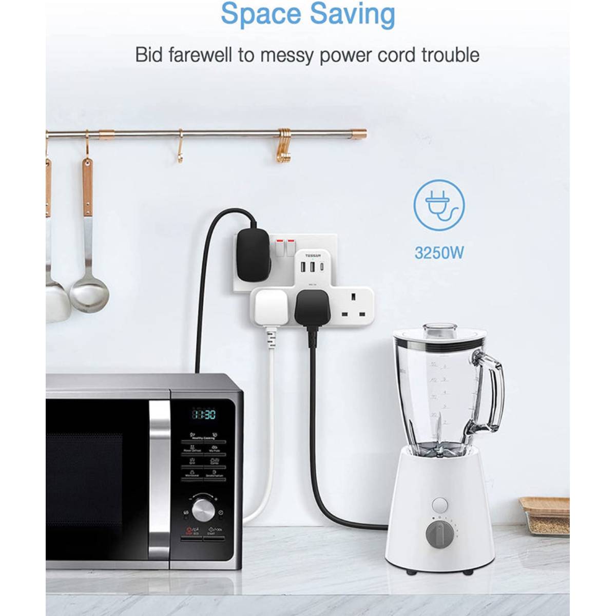 TESSAN TS-223-C-WH-UK Πολύπριζο 3 θέσεων με πολλαπλές θύρες USB, Τριπολικό | Tessan| Image 4