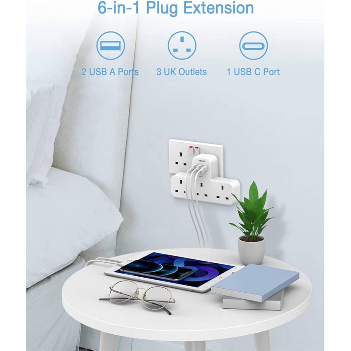 TESSAN TS-223-C-WH-UK Πολύπριζο 3 θέσεων με πολλαπλές θύρες USB, Τριπολικό | Tessan| Image 3