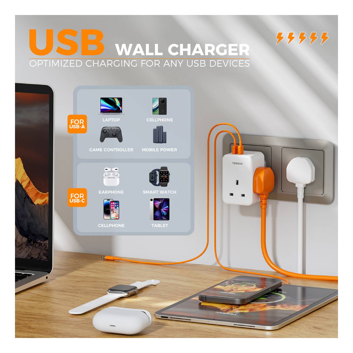 TESSAN TS-227-PD-UK Πολύπριζο 6 Θέσεων με Θύρες USB, Άσπρο | Tessan| Image 3