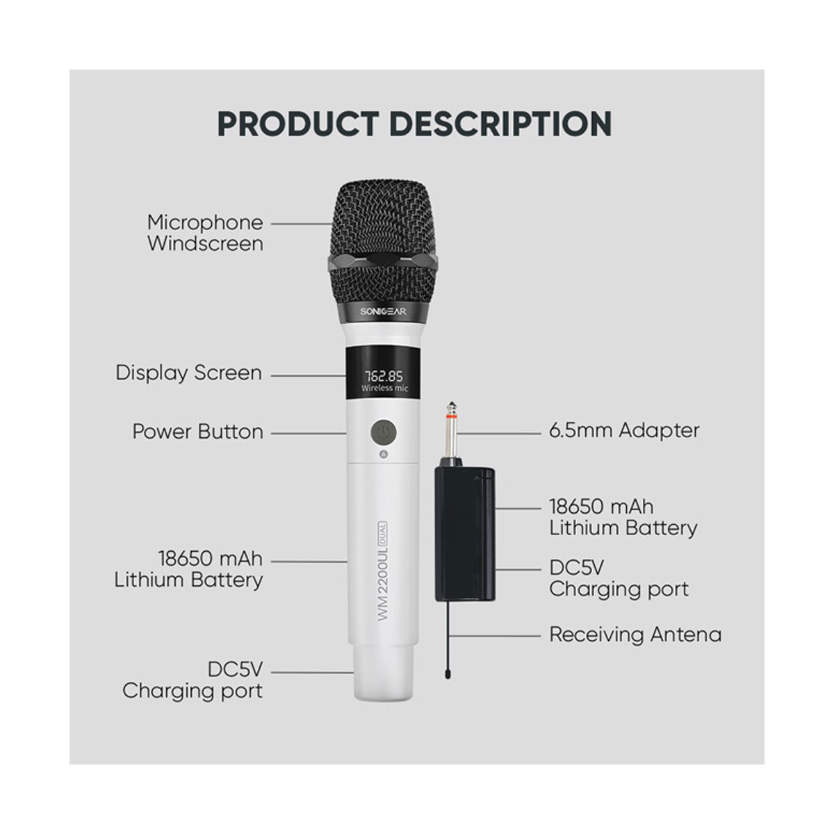 SONICGEAR WM2200UL Dual Bianco Dual Wireless Microphone, White | Sonicgear| Image 2
