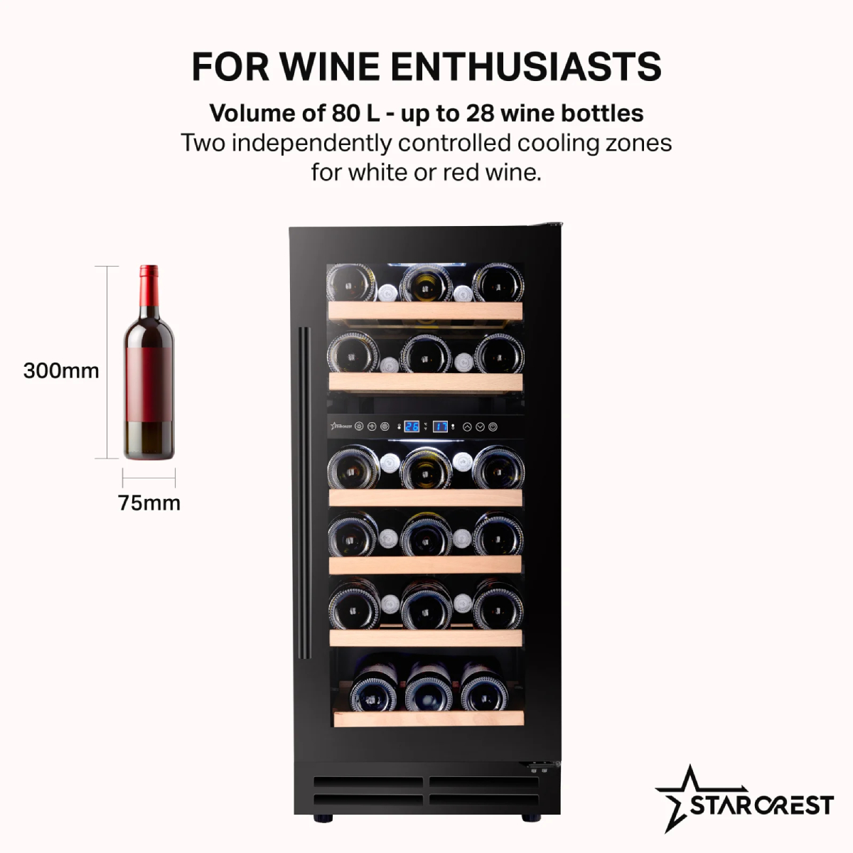 STARCREST SWN-8028DZ Εντοιχιζόμενος Συντηρητής Κρασιoύ 28 Φιάλες, Μαύρο product image  | image 2