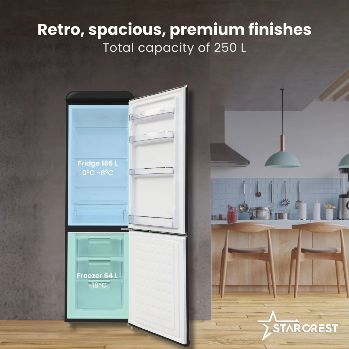 STARCREST SRC-250BK Retro Ψυγείο με Κάτω Θάλαμο, Μαύρο product image  | image 3
